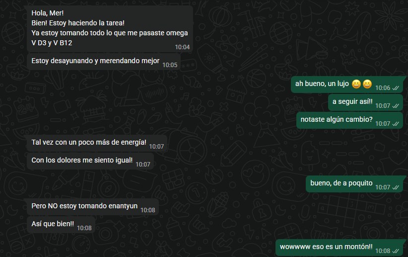 Mensaje de una paciente contando que tiene más energía y está desayunando y merendando mejor